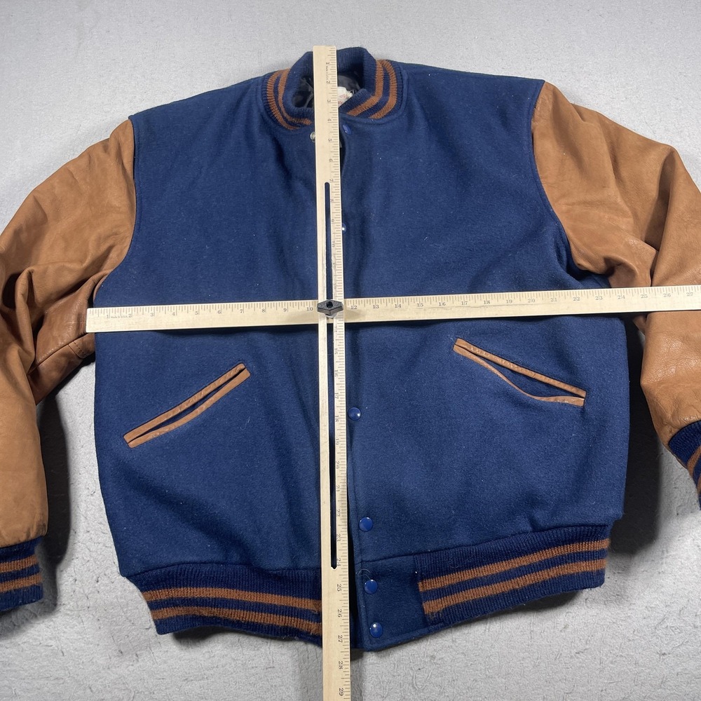 Butwin Varsity Jacket Men Large Regular Navy Blue Tan Leather Sleeve Vintage 90s - Picture 5 of 11